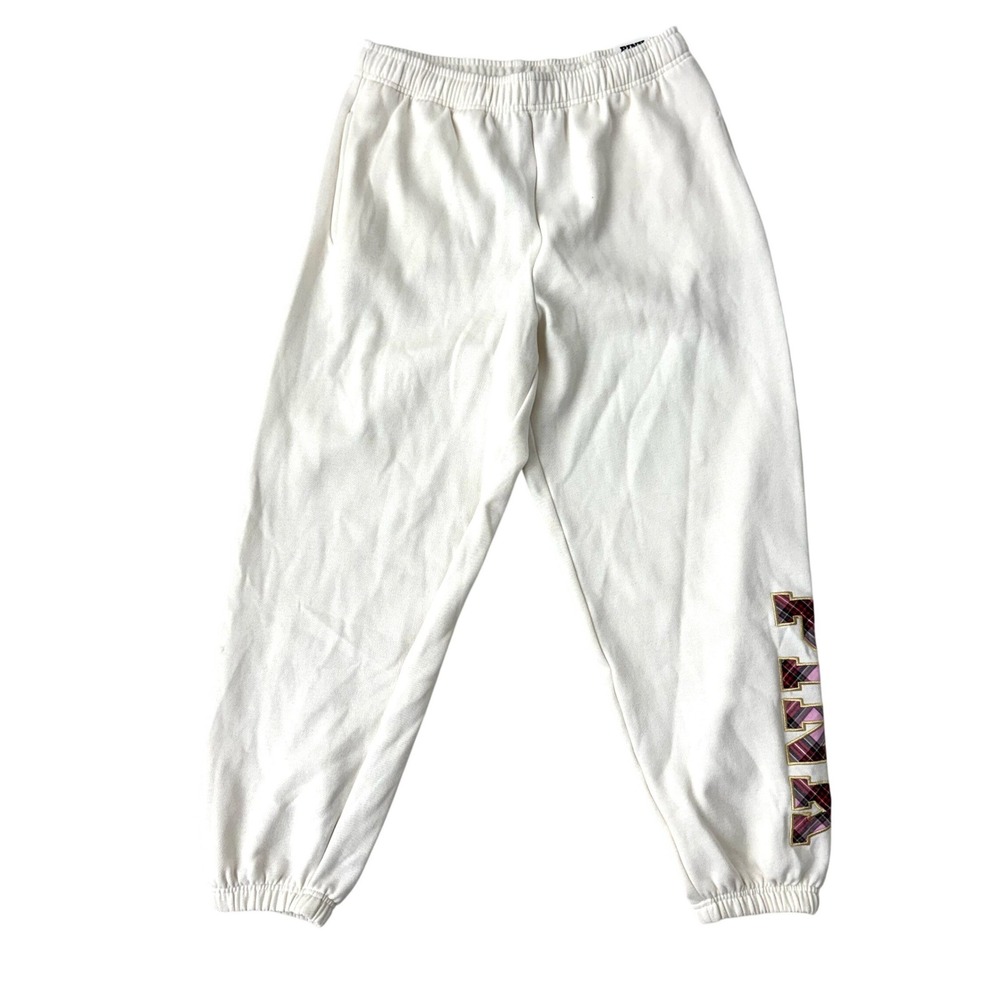 PINK Victoria's Secret Ivy Fleece Relaxed Sweatpants Cream Plaid Logo Large NWT
